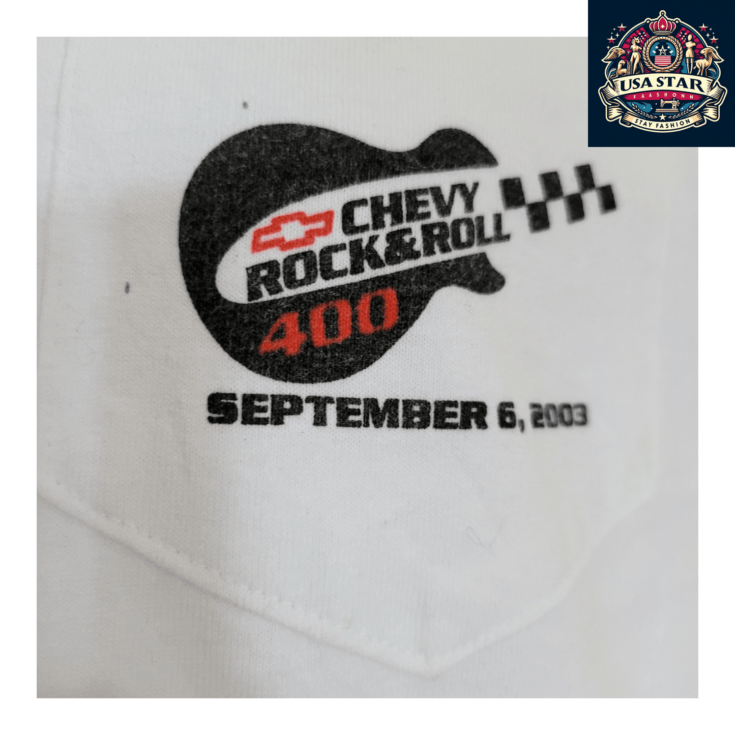 Chevy Rock And Roll 400 T-Shirt 2003 NASCAR Flames Graphic Large Vintage Cotton Tee - USASTARFASHION