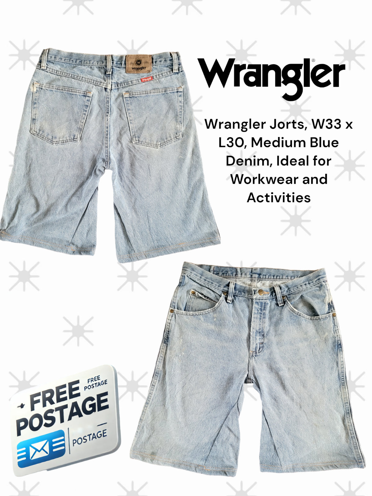 Wrangler Jorts, W33 , Medium Blue Denim, Ideal for Workwear and Activities-USASTARFASHION