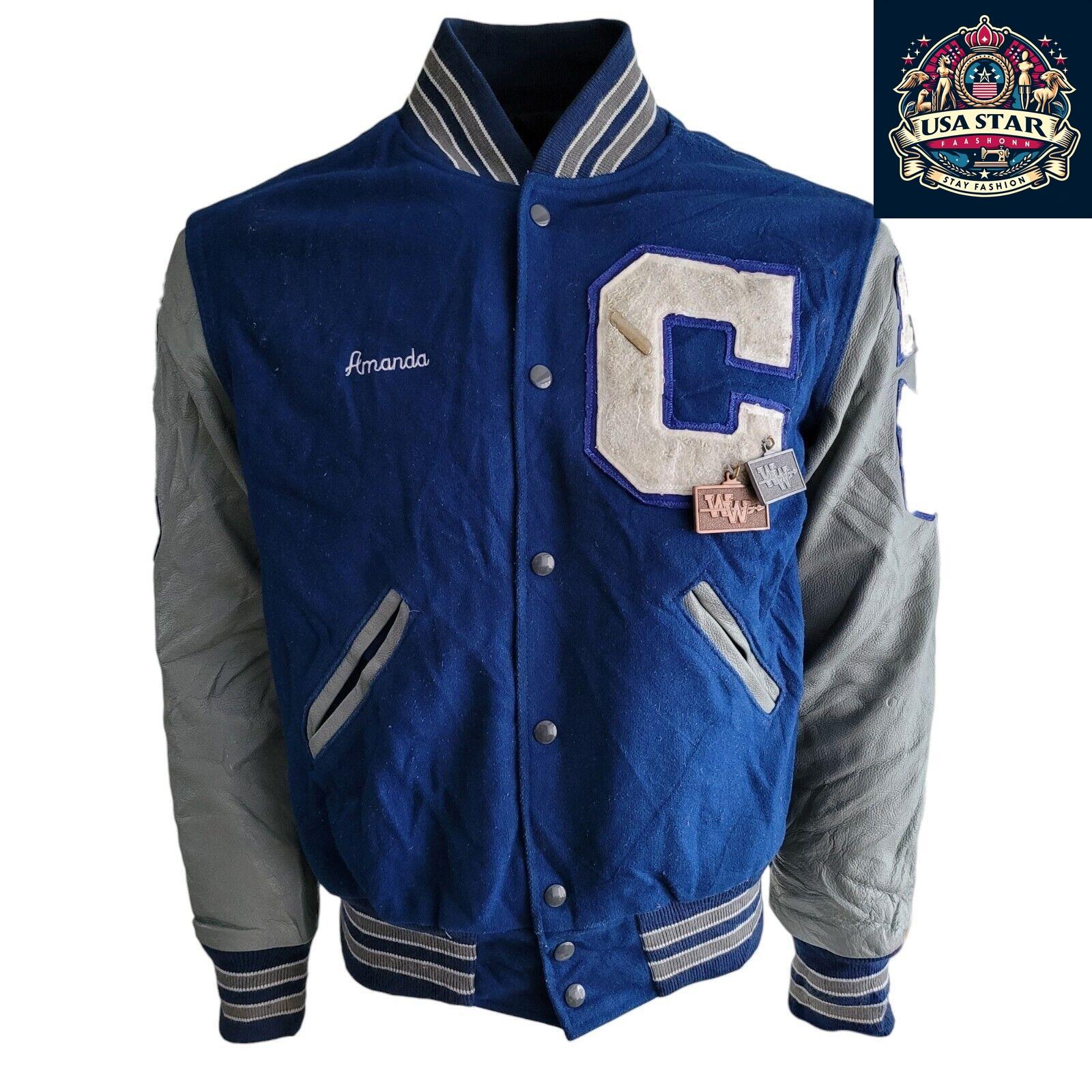 Holloway Varsity Jacket - Amanda, Stylish Blue Wool With Grey Leather Sleeves, Made in Mexico - USASTARFASHION