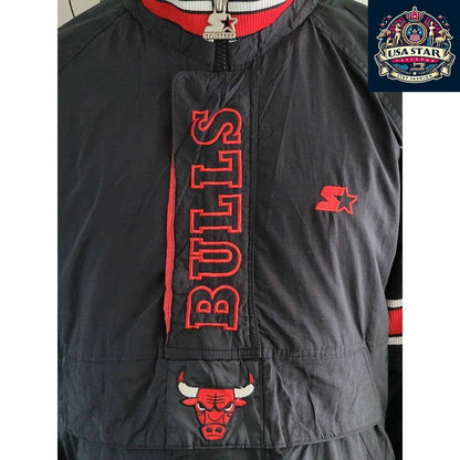 Starter Chicago Bulls Jacket 90s Puffer Bomber, Black Red, Size L, Bold Branding, Functional Design - USASTARFASHION