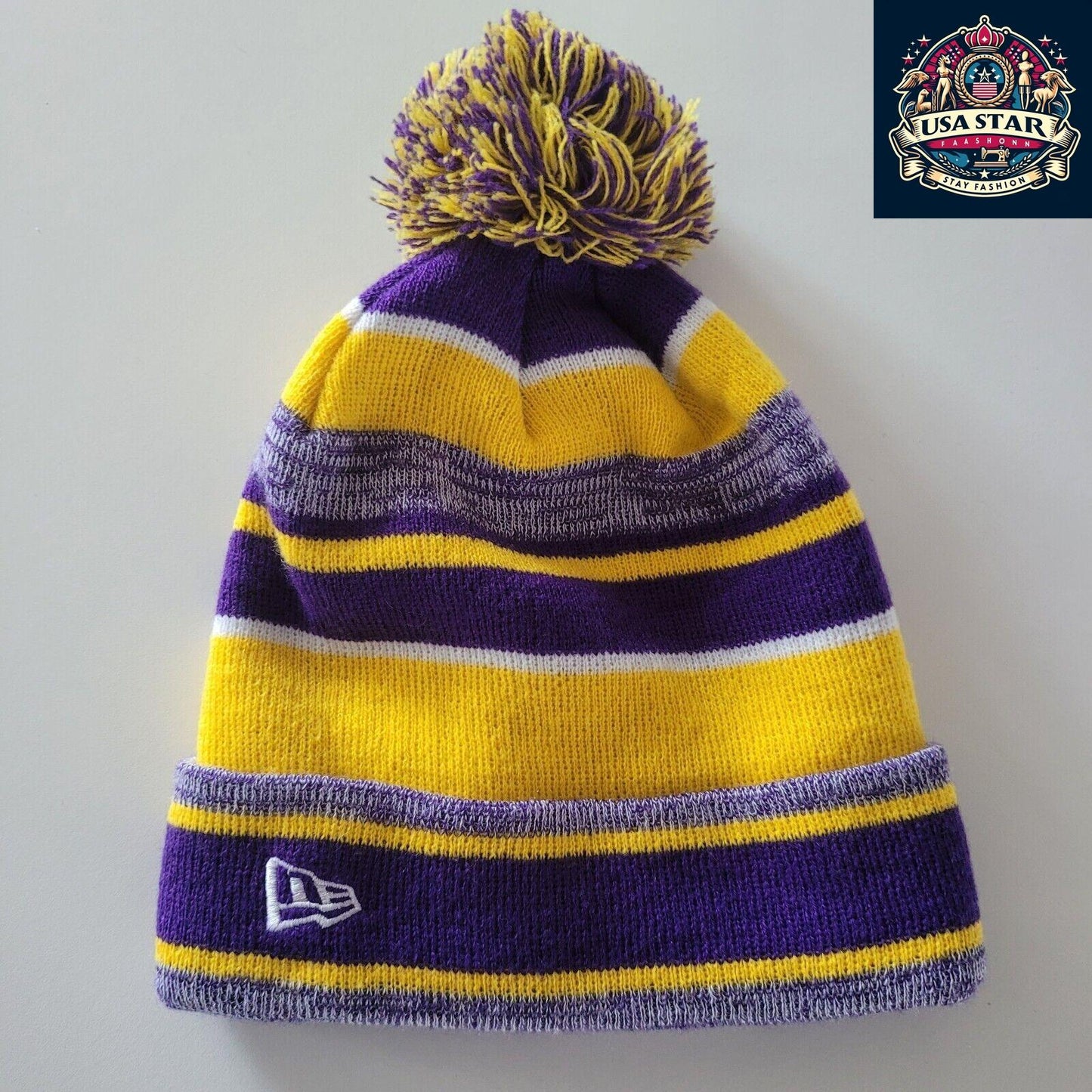 Los Angeles Lakers Beanie - New Era Marled Stripe Pom Hat, One Size, Warm Fan Gear - USASTARFASHION