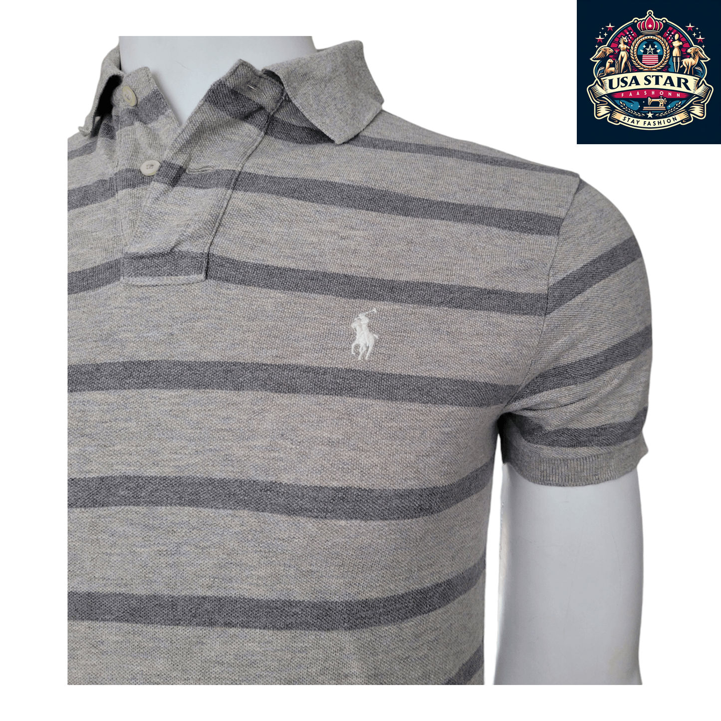 Ralph Lauren Polo Shirt Gray Striped, Men’s Custom Fit, Size S, Short Sleeve Cotton Quality - USASTARFASHION