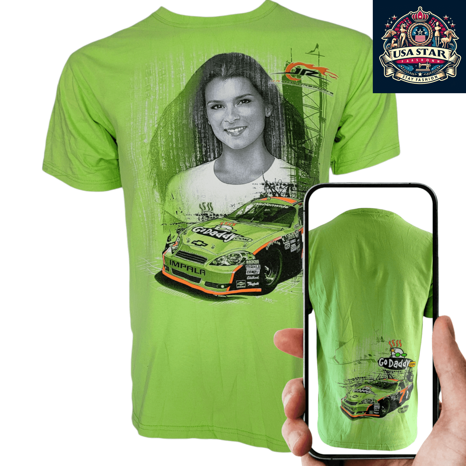 Danica Patrick T-Shirt - Chase Authentics GoDaddy Racing Apparel M Green 100% Pre-Shrunk Cotton - USASTARFASHION