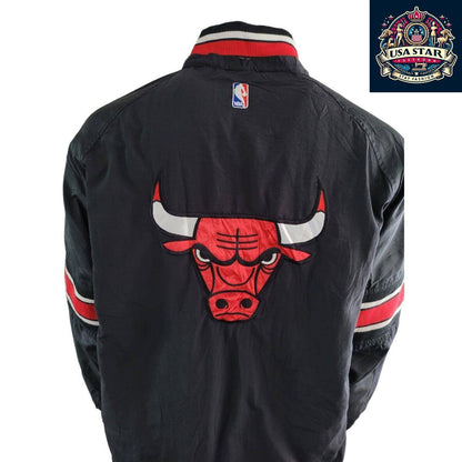 Starter Chicago Bulls Jacket 90s Puffer Bomber, Black Red, Size L, Bold Branding, Functional Design - USASTARFASHION