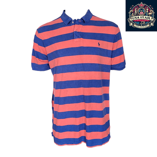 Ralph Lauren Polo Shirt XL Orange & Blue Striped Classic Fit for Casual Style and Comfort - USASTARFASHION