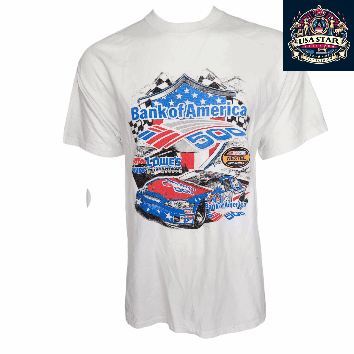 Bank Of America 500 T-Shirt XL 100% Cotton Graphic Tee White Vintage NASCAR 2007 Edition - USASTARFASHION