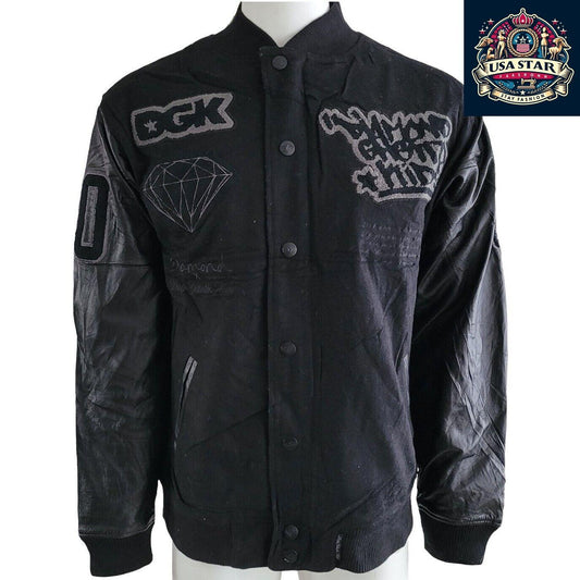 DGK Diamond X Supply Co Dirty Ghetto Kids Jacket Mens XL Black Leather Wool Varsity - USASTARFASHION