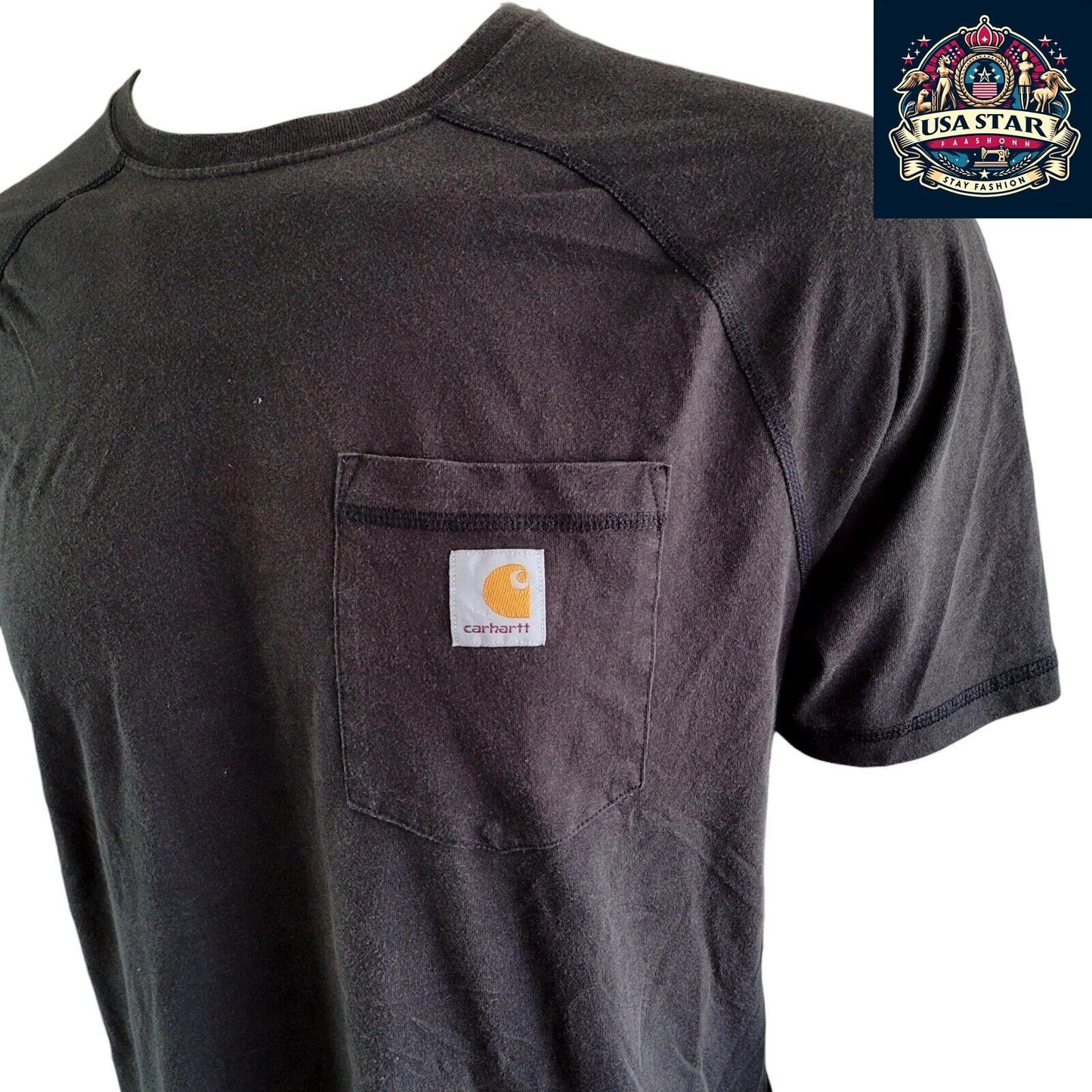 Carhartt Logo T-Shirt Men's Charcoal Black With Front Pocket, Size Large, Soft Durable Fabric - USASTARFASHION