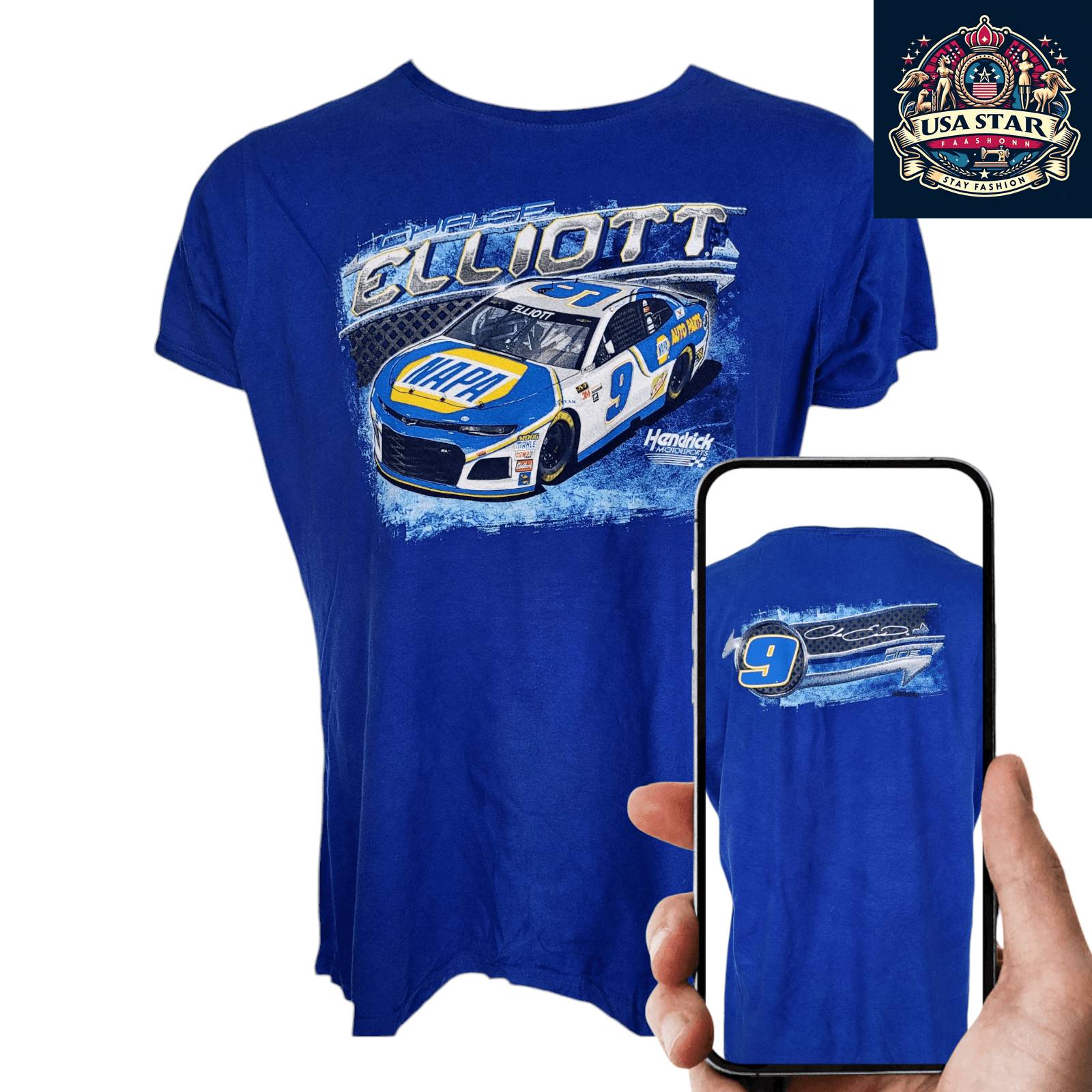 Chase Elliott T Shirt 2XL Blue Graphic Tee 100% Cotton Comfort Fit for NASCAR Fans - USASTARFASHION