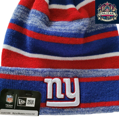 🏈 New York Giants New Era Beanie Marled Stripe Pom Hat - One Size 🌟🔵🏈 - USASTARFASHION