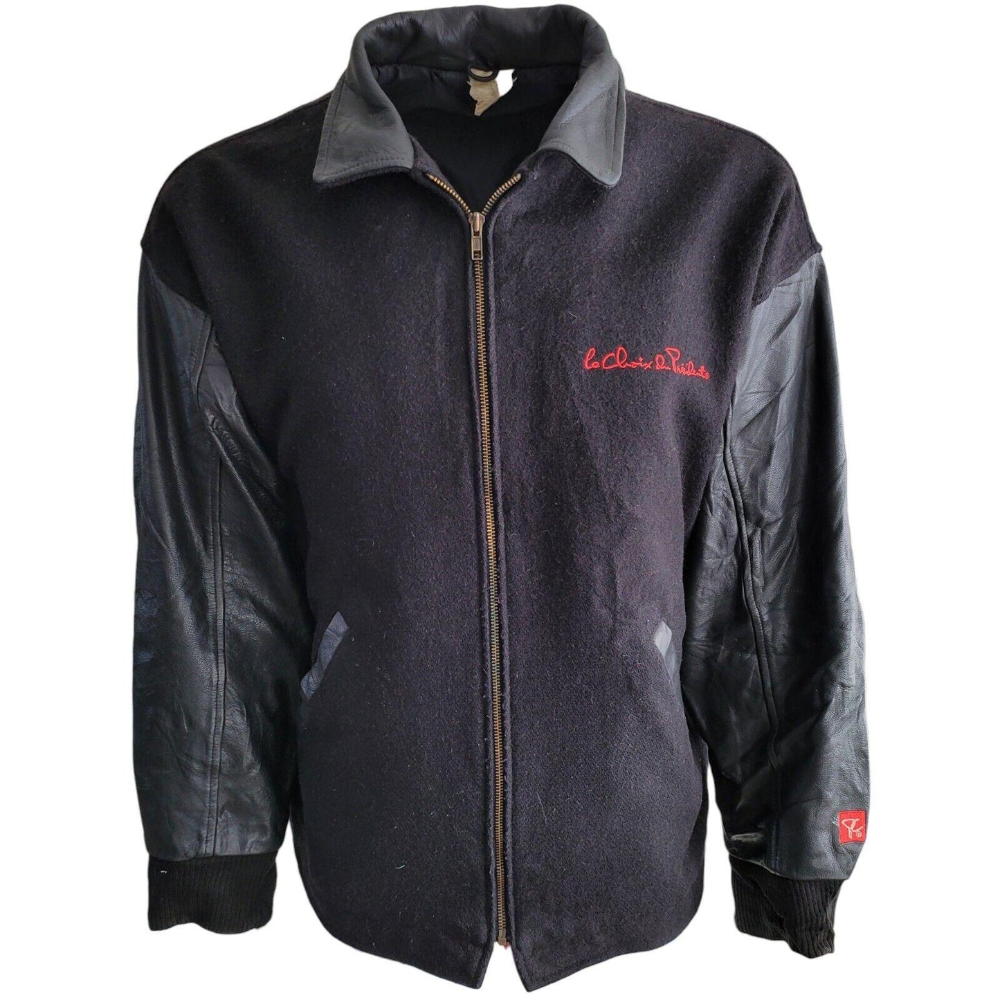 La Croix du President Black Varsity Jacket Men's L - Wool & Leather - Iconic Emblem - Vintage Style - 23"x27-USASTARFASHION