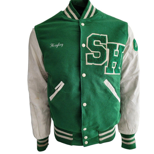 WOOL Vintage Holloway Varsity Jacket - Size S 90s Made USA Green Leather-USASTARFASHION