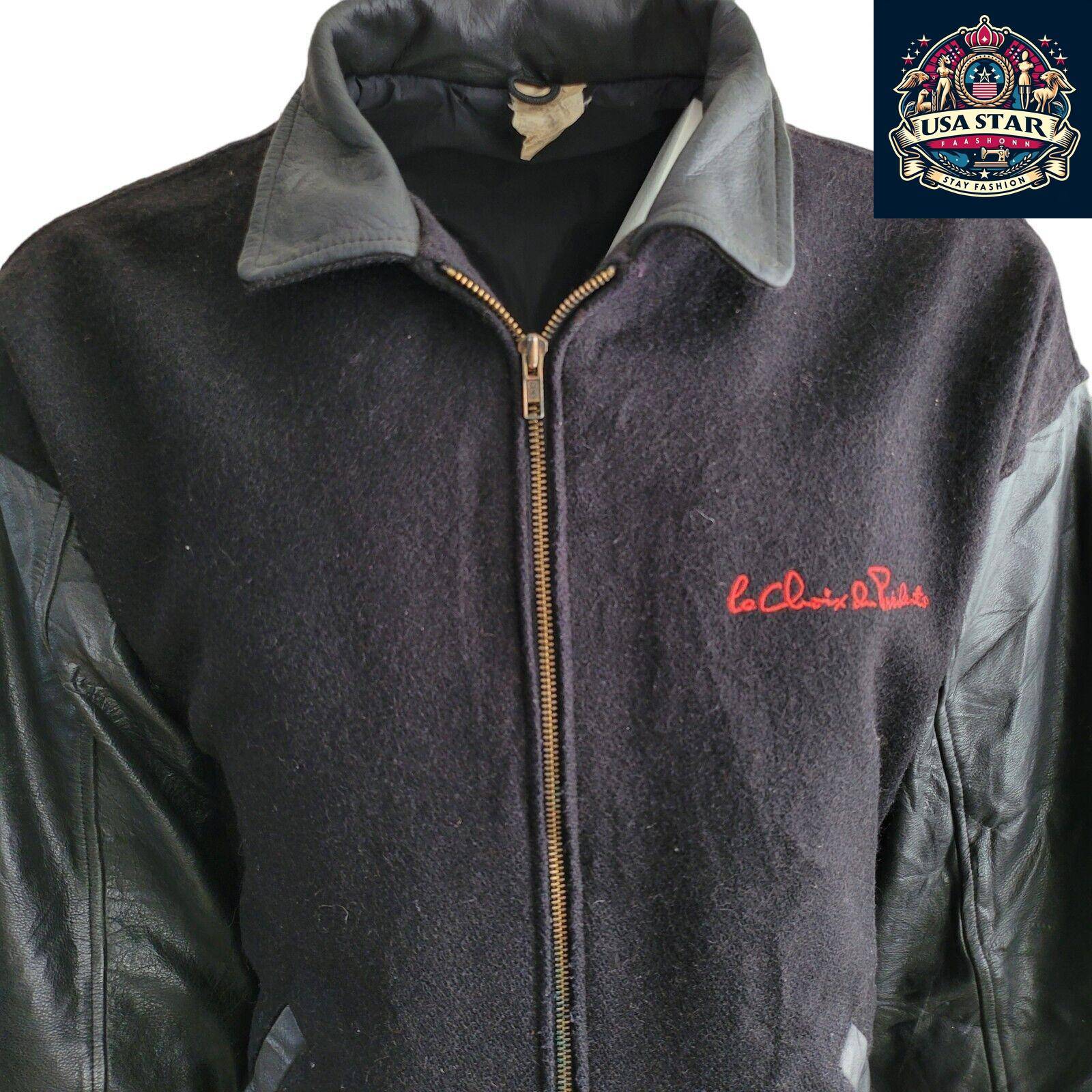 La Croix Du President Vintage Varsity Jacket for Men, Black Wool Shell & Leather Sleeves, Size L USASTARFASHION