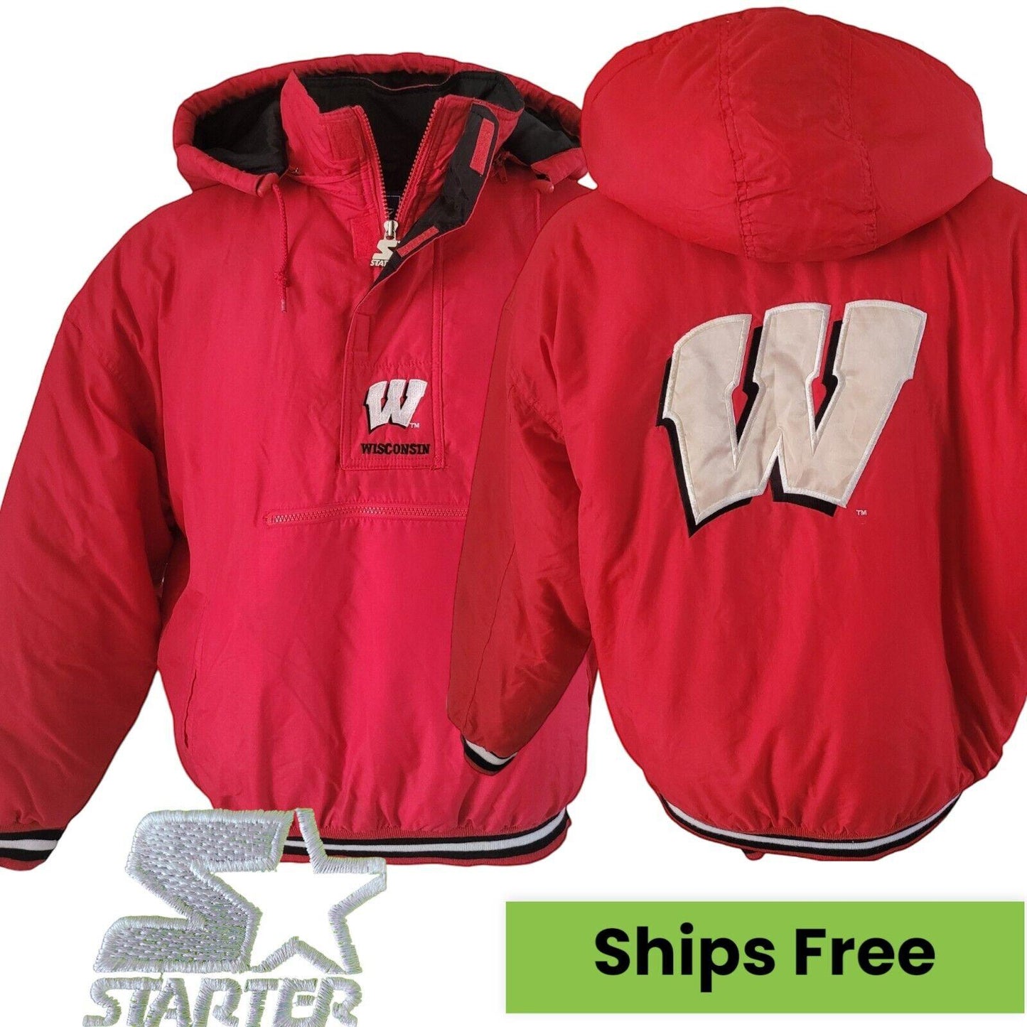 Wisconsin Badgers NHL Puffa Jacket - Red Vintage Starter - Size L - 27" Chest, 28" Length-USASTARFASHION