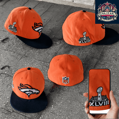 New Era Denver Broncos Super Bowl XLVIII 59FIFTY Fitted Hat - Orange, Size 7 3/8, Premium Quality - USASTARFASHION