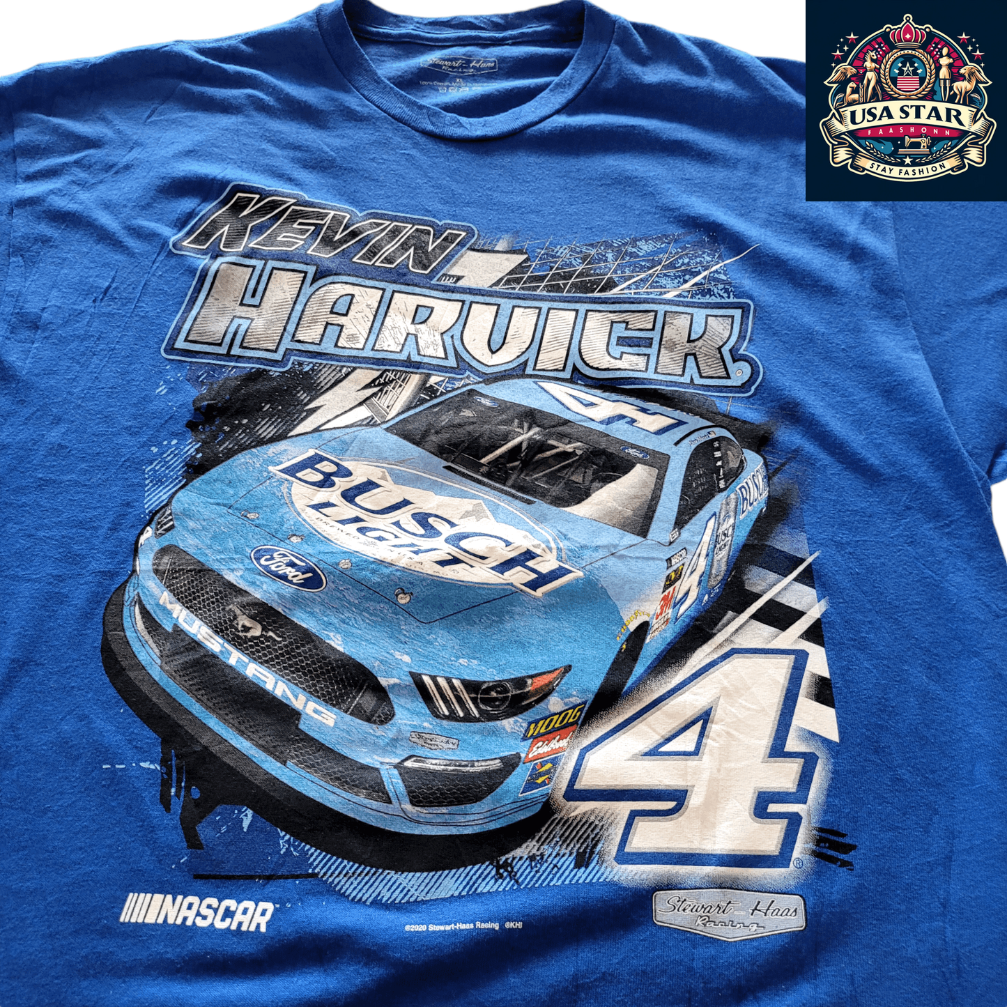 Kevin Harvick T-Shirt XL - Comfortable 100% Cotton, Vibrant Busch Light Graphics, Stewart-Haas Racing - USASTARFASHION