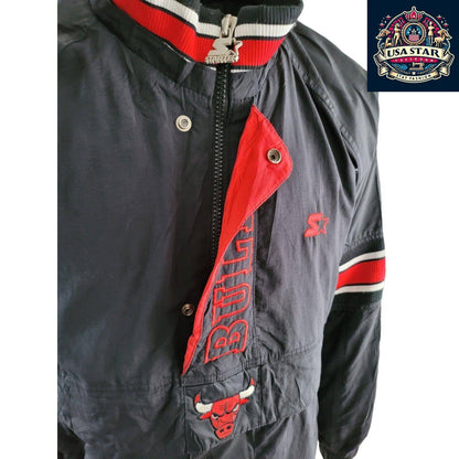 Starter Chicago Bulls Jacket 90s Puffer Bomber, Black Red, Size L, Bold Branding, Functional Design - USASTARFASHION
