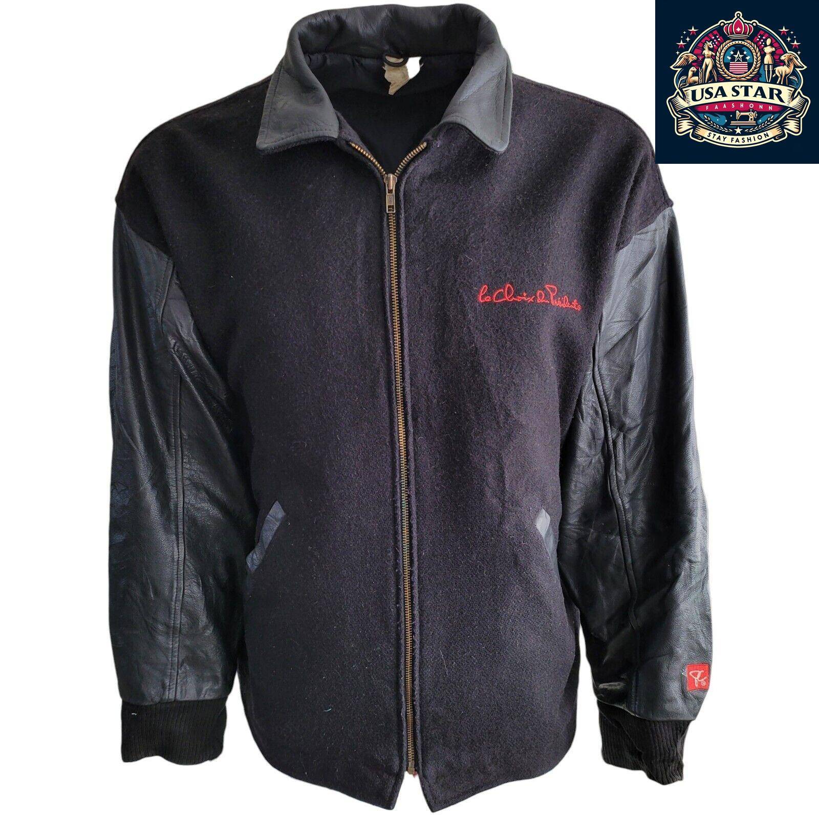 La Croix Du President Vintage Varsity Jacket for Men, Black Wool Shell & Leather Sleeves, Size L USASTARFASHION