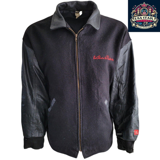 La Croix Du President Vintage Varsity Jacket for Men, Black Wool Shell & Leather Sleeves, Size L - USASTARFASHION