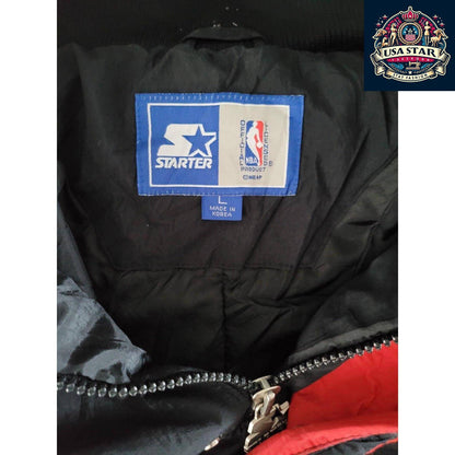 Starter Chicago Bulls Jacket 90s Puffer Bomber, Black Red, Size L, Bold Branding, Functional Design - USASTARFASHION