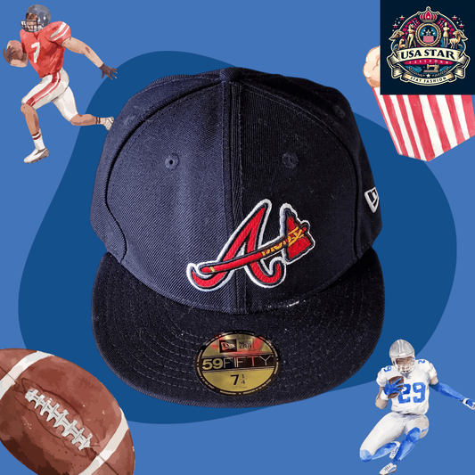 New Era 59FIFTY Fitted Cap Atlanta Braves Cap - Navy Blue 100% Wool, Size 7 1/4, Iconic MLB Style - USASTARFASHION