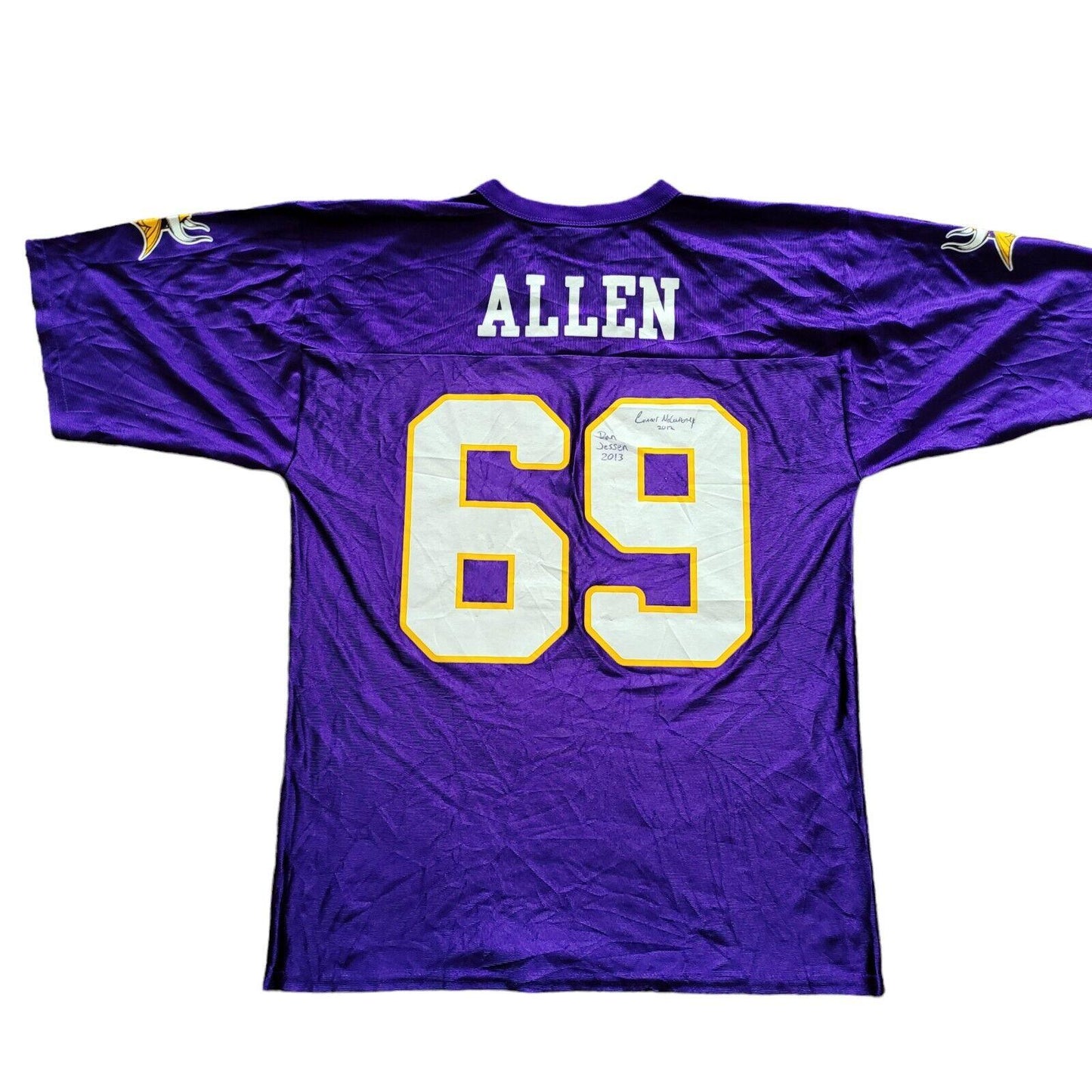 Authentic Signed Minnesota Vikings #69 Jared Allen Jersey - Men's Large Purple 100% Polyester Dual-Signed Dan Jessen 2013 & Conor McQuerry 2012-USASTARFASHION