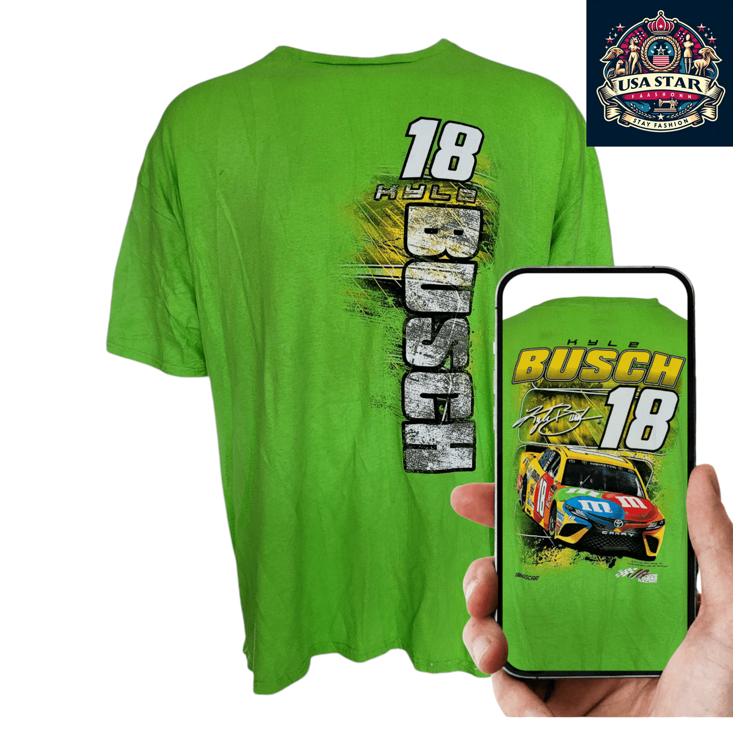 Kyle Busch T-Shirt #18 M&M's Vintage Racing Tee 3XL Green Joe Gibbs Racing Fan Style - USASTARFASHION