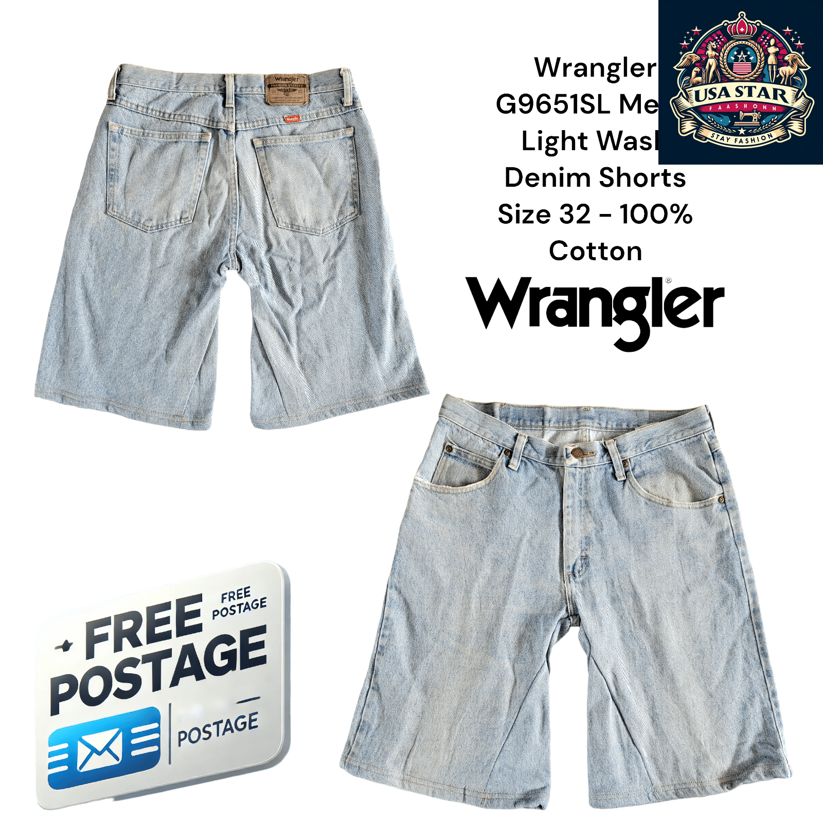 Wrangler G9651SL Men's Light Wash Denim Shorts Size 32 - 100% Cotton - USASTARFASHION