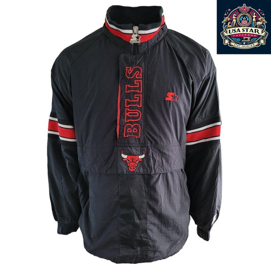 Starter Chicago Bulls Jacket 90s Puffer Bomber, Black Red, Size L, Bold Branding, Functional Design - USASTARFASHION