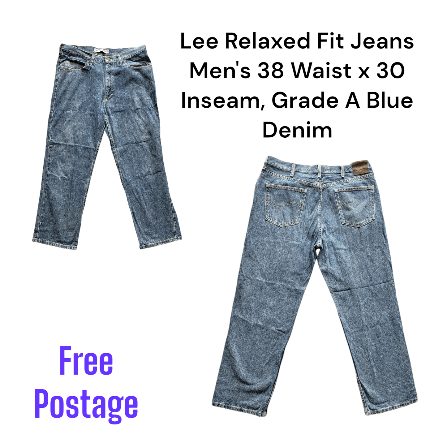 Lee Relaxed Fit Jeans Men's 38 Waist x 30 Inseam, Grade A Blue Denim