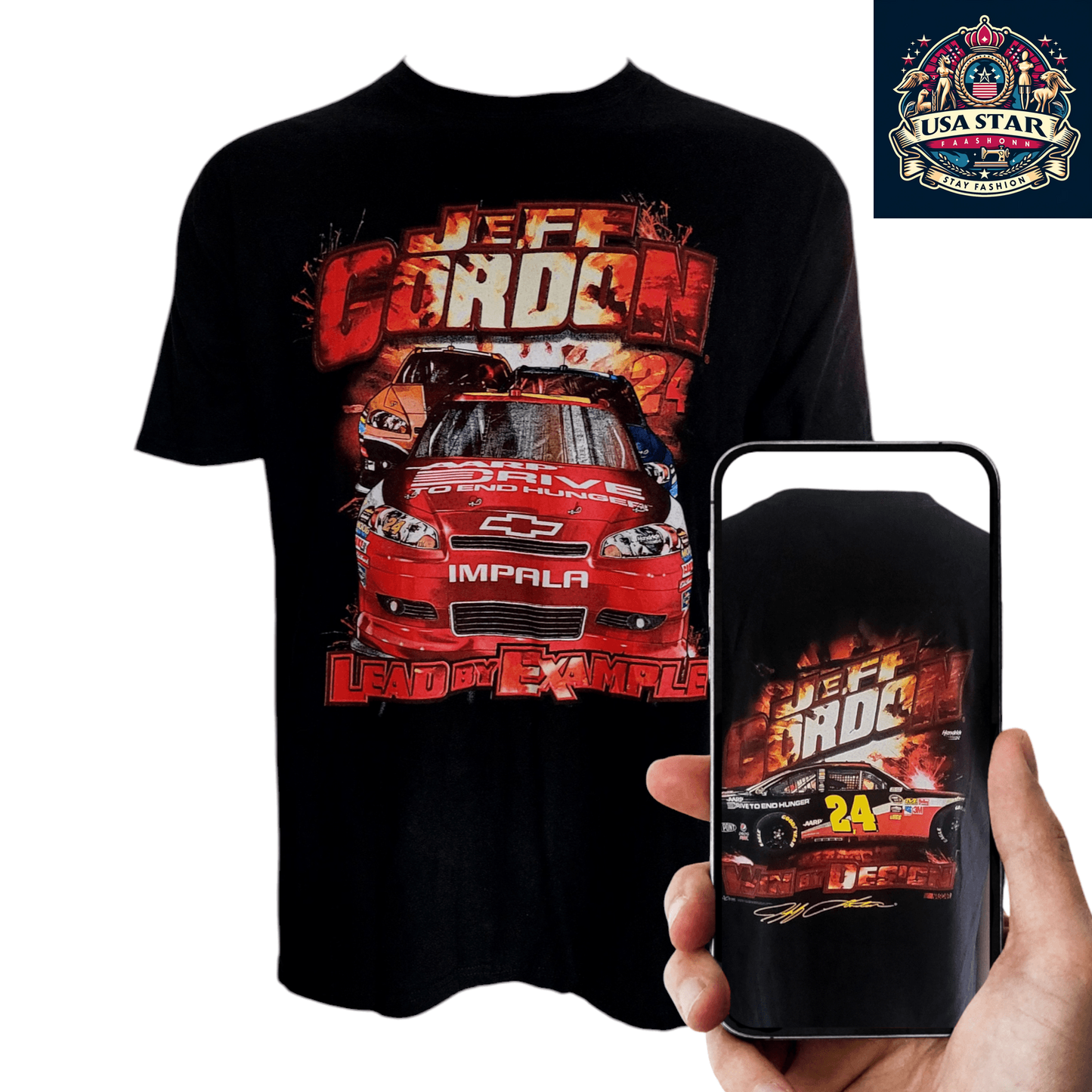 Jeff Gordon NASCAR T-Shirt XL - Chase Authentics #24 Chevy Impala Lead By Example Design - USASTARFASHION