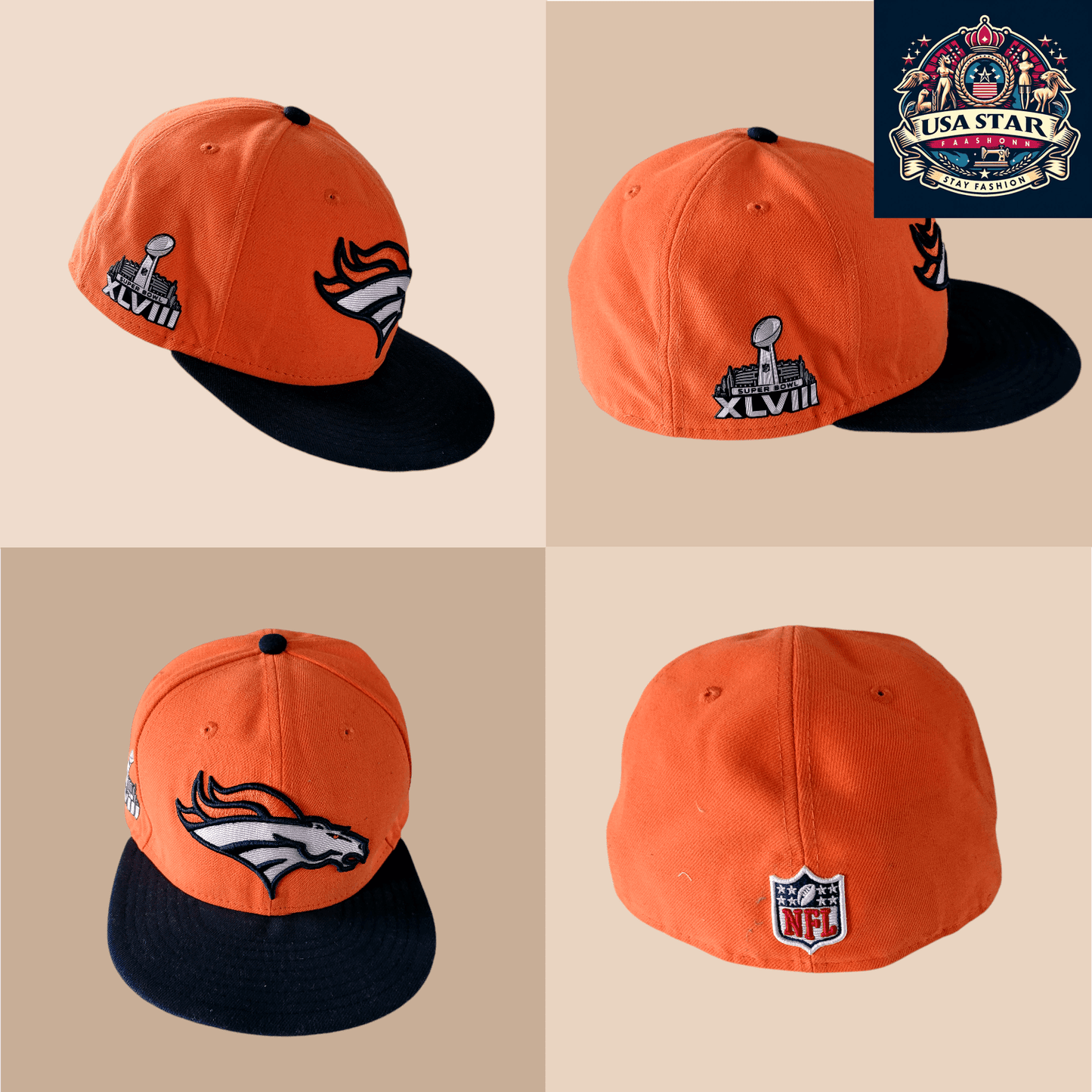 New Era Denver Broncos Super Bowl XLVIII 59FIFTY Fitted Hat - Orange, Size 7 3/8, Premium Quality - USASTARFASHION