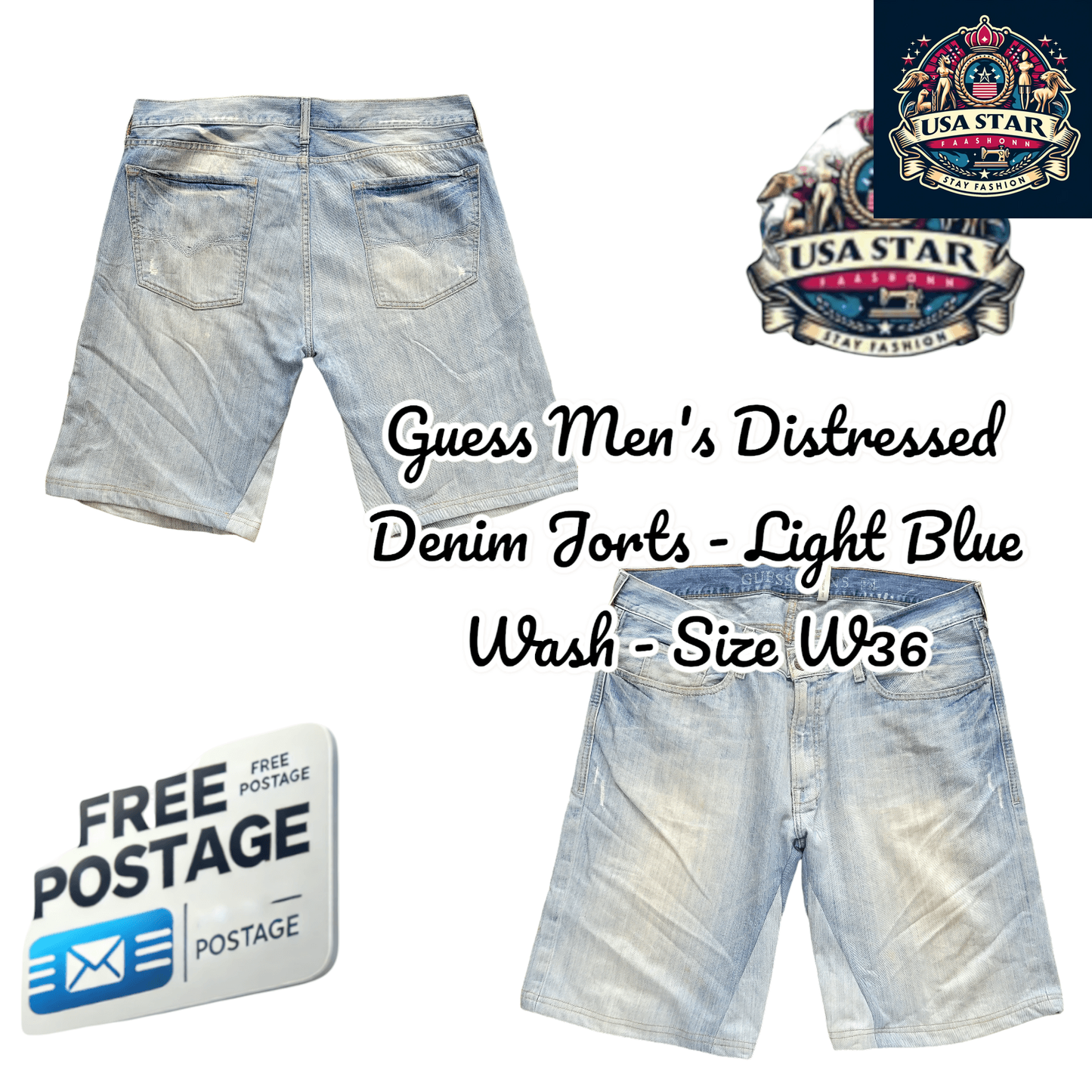 Guess Men's Distressed Denim Jorts W36 in Light Blue Wash - Stylish and Versatile Casual Shorts - USASTARFASHION