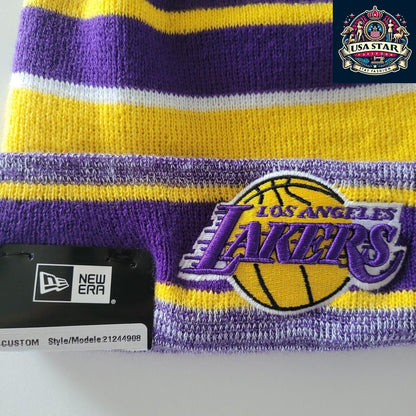 Los Angeles Lakers Beanie - New Era Marled Stripe Pom Hat, One Size, Warm Fan Gear - USASTARFASHION