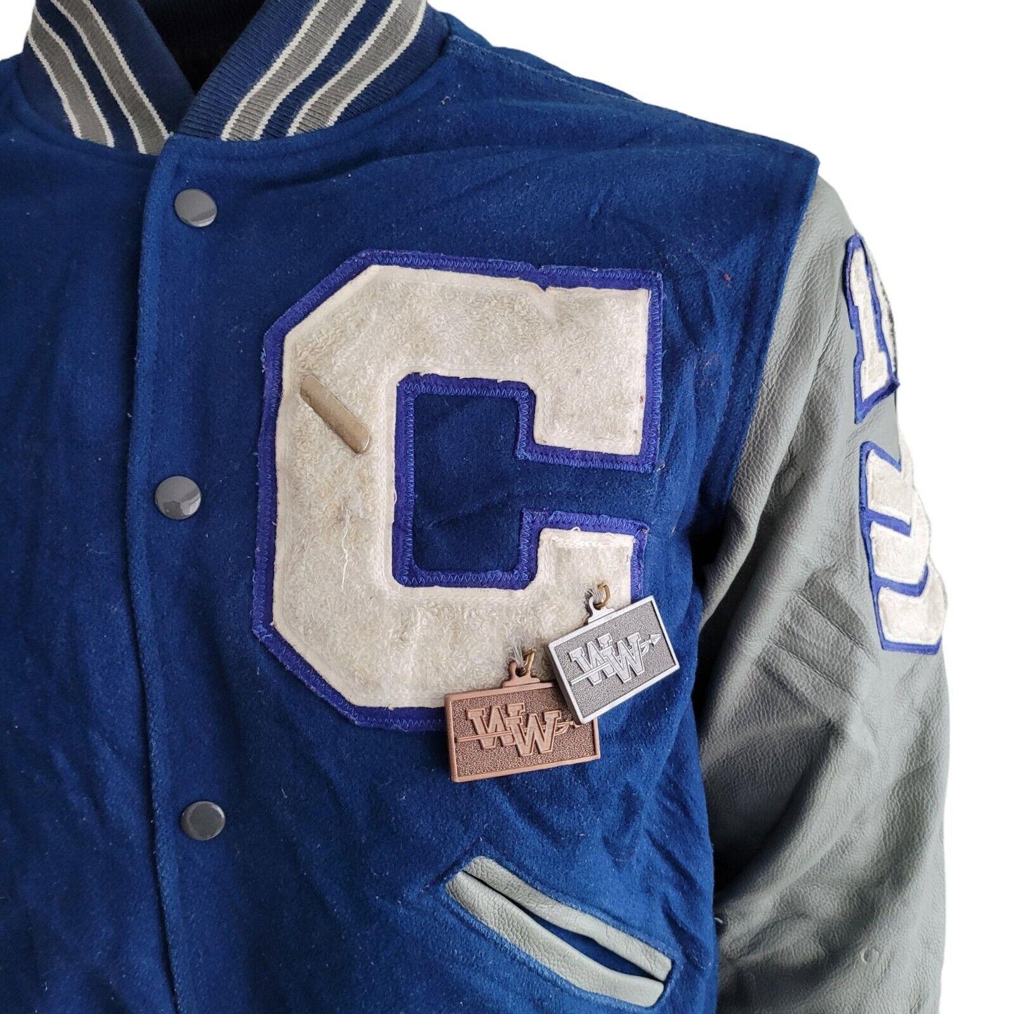 HOLLOWAY Varsity Jacket Amanda Blue Wool with Grey Leather Sleeves - 2 Front Pockets - Made in Mexico-USASTARFASHION