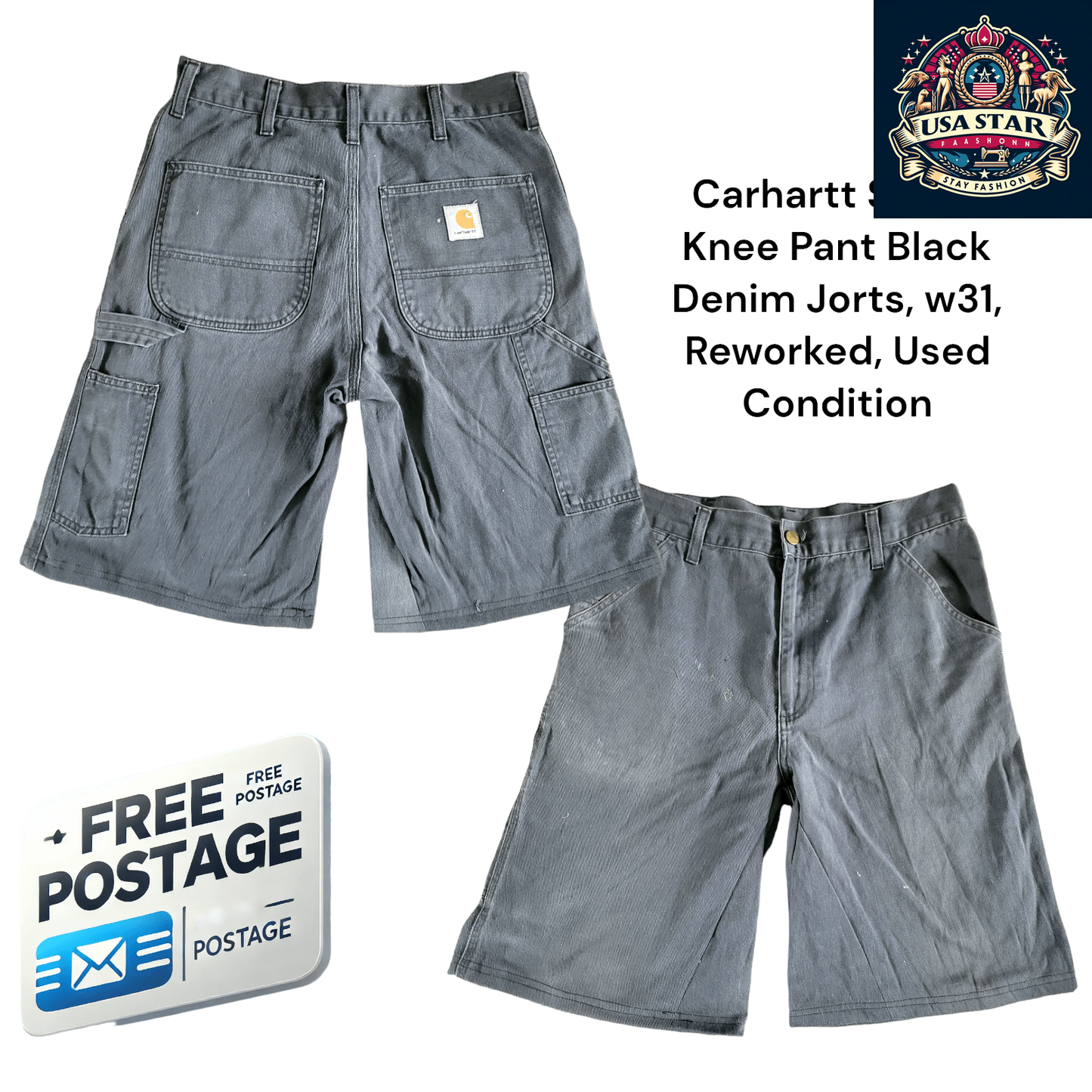 Carhartt W31 Single Knee Black Denim Jorts, Reworked, Used Condition, Stylish & Durable Summer Shorts - USASTARFASHION