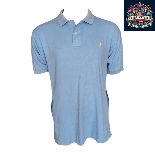 Ralph Lauren Polo Shirt Light Blue with White Stripes, Short Sleeve, Size L, 100% Cotton Classic Fit - USASTARFASHION