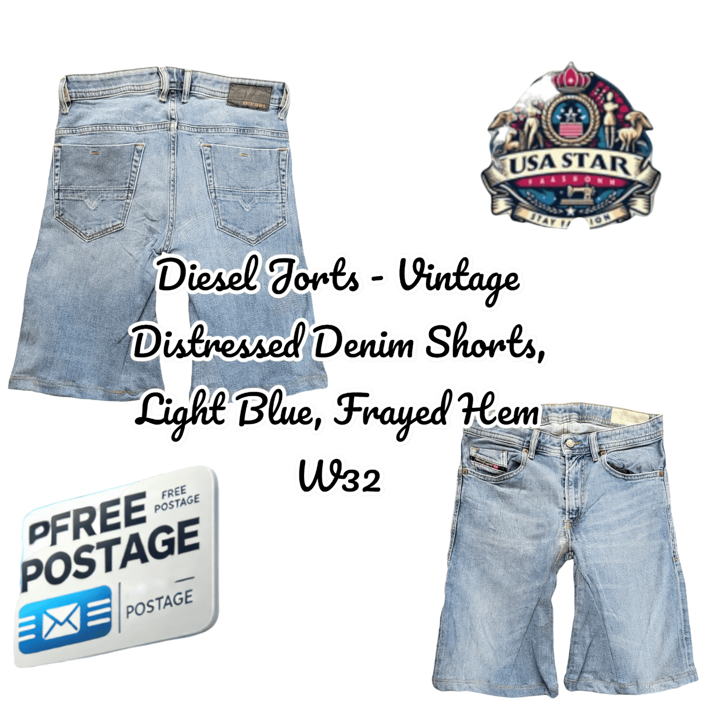 Diesel Jorts - Vintage Distressed Denim Shorts, Light Blue, Frayed Hem W32