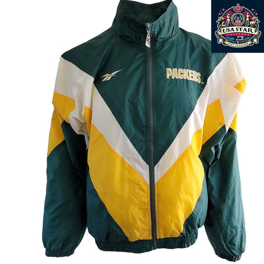 Men's L Green Bay Packers Jacket - NFL Pro Line Reebok Waterproof Windbreaker for All Seasons - USASTARFASHION