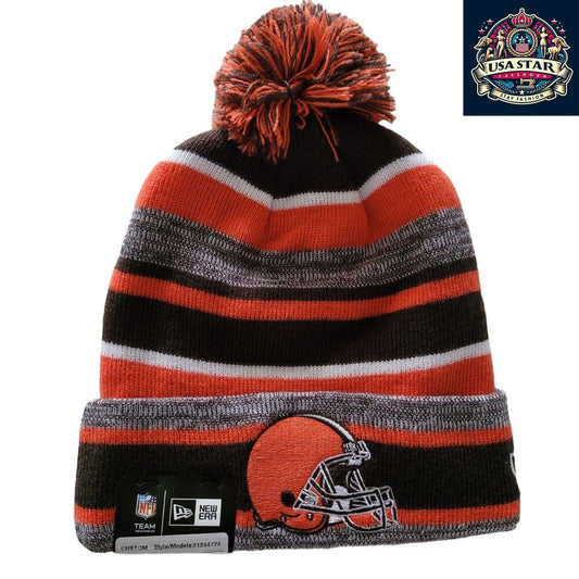 🏈 Cleveland Browns Marled Stripe Pom New Era Beanie Hat - One Size 🌟🔶🏈 - USASTARFASHION