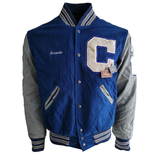 HOLLOWAY Varsity Jacket Amanda Blue Wool with Grey Leather Sleeves - 2 Front Pockets - Made in Mexico-USASTARFASHION