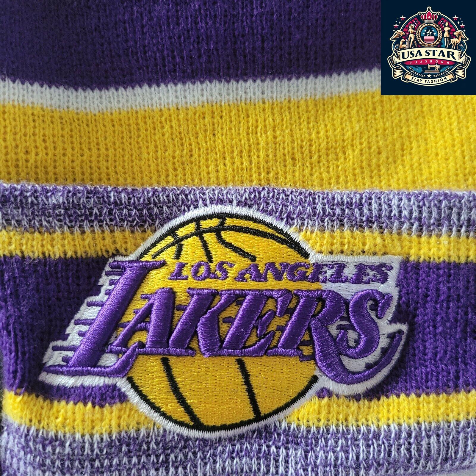 Los Angeles Lakers Beanie - New Era Marled Stripe Pom Hat, One Size, Warm Fan Gear - USASTARFASHION