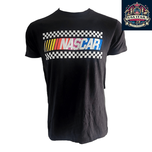 NASCAR T-Shirt for Men, Short Sleeve Black Checkered Flag Design, Authentic Racing Apparel, Size M - USASTARFASHION