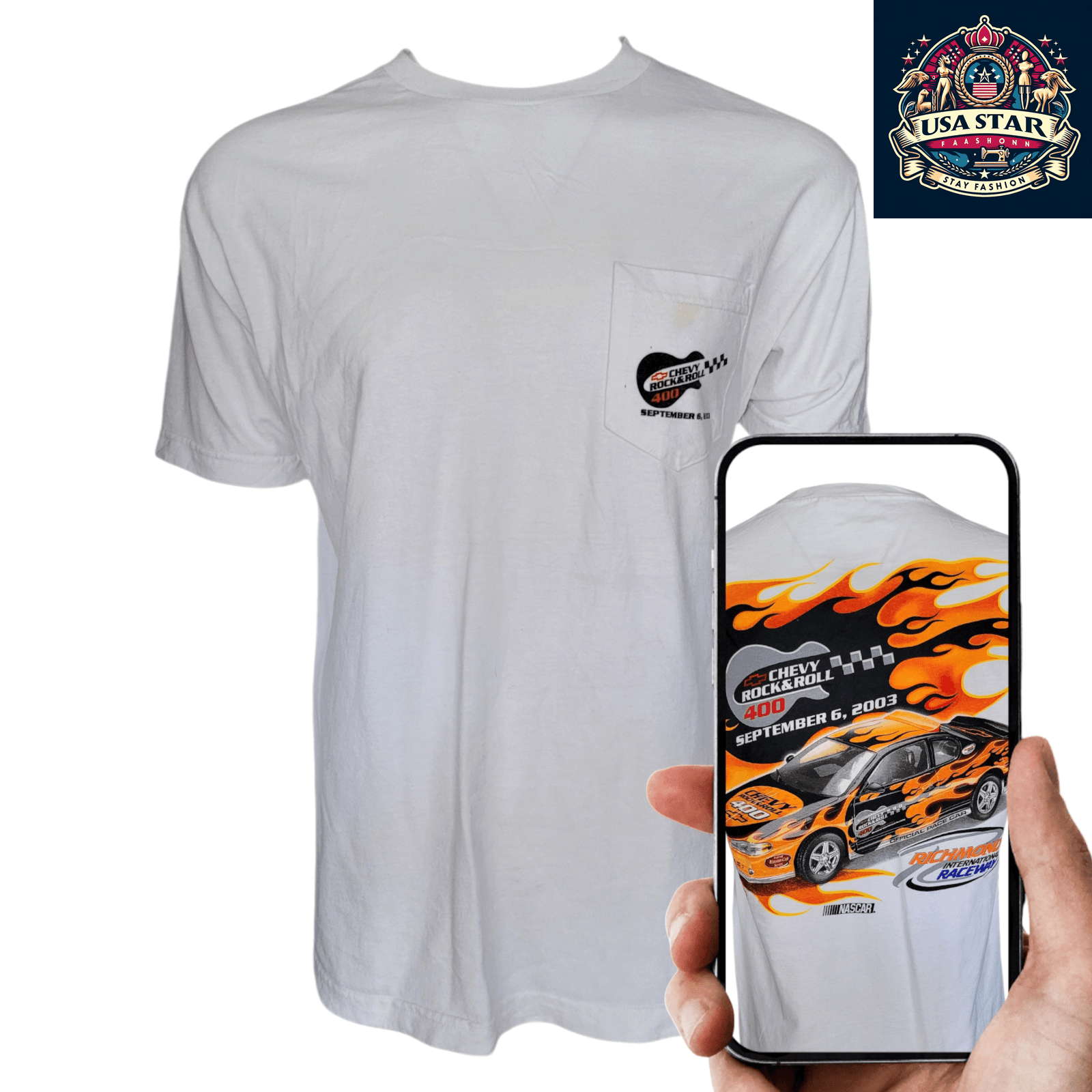 Chevy Rock And Roll 400 T-Shirt 2003 NASCAR Flames Graphic Large Vintage Cotton Tee USASTARFASHION