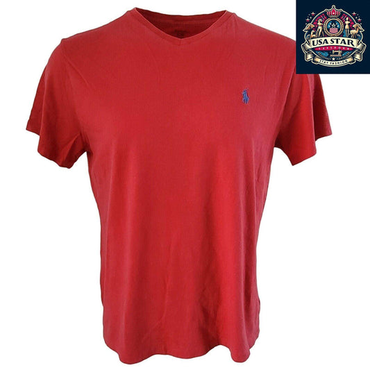 Polo Ralph Lauren T-Shirt Red V-Neck Large Unisex Cotton Tee - Classic Style & Comfort - USASTARFASHION