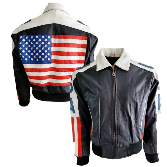 Vintage 90s Leather Jacket XS with USA Flag Design by USA Leather - Black Zip-USASTARFASHION