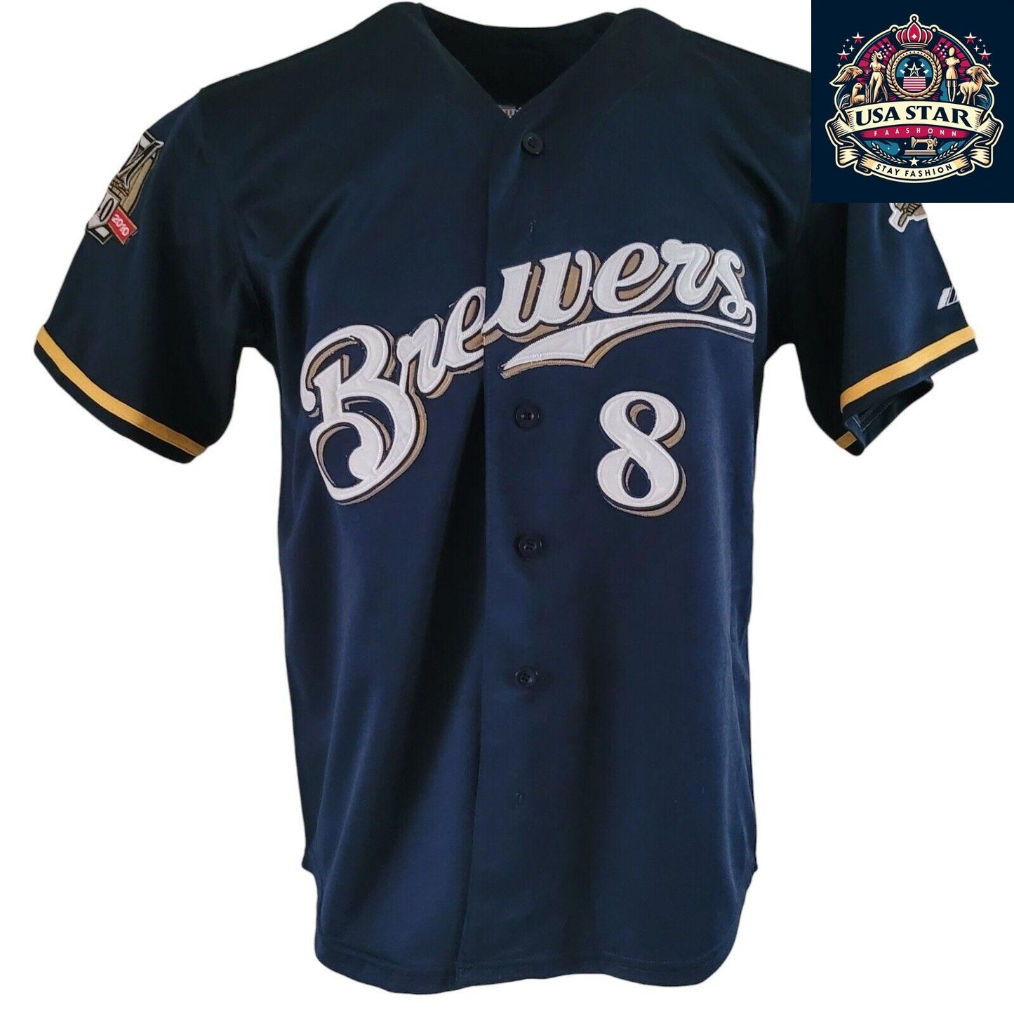 Ryan Braun T-Shirt #8 Milwaukee Brewers 40th Anniversary Majestic Tee Sz M Navy Blue Short Sleeve - USASTARFASHION