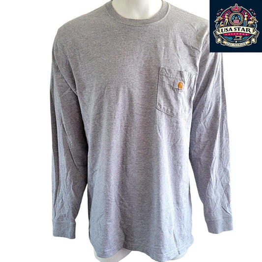 Carhartt Long Sleeve T-Shirt L Tall Original Fit Heather Grey With Front Pocket for Comfort - USASTARFASHION