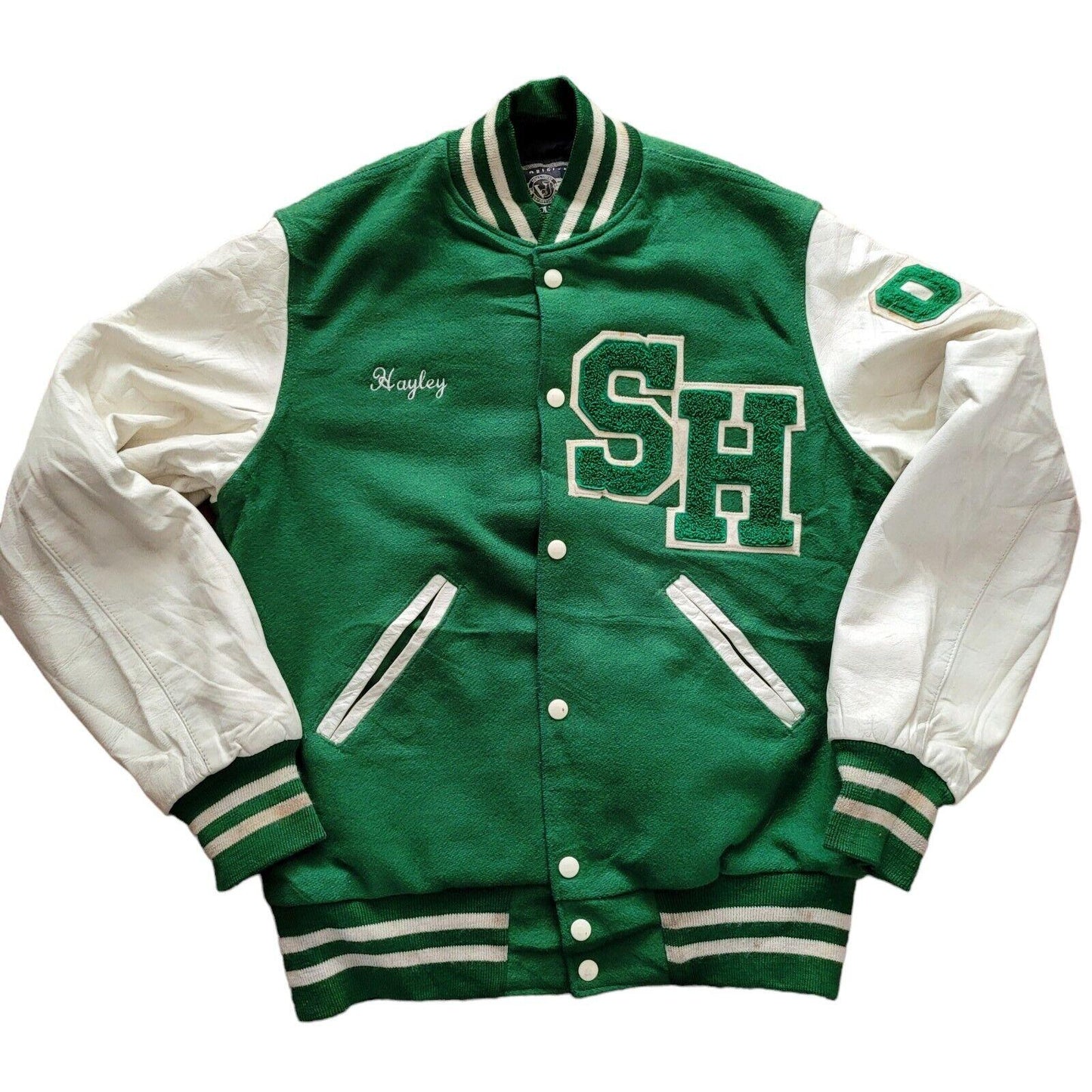 WOOL Vintage Holloway Varsity Jacket - Size S 90s Made USA Green Leather-USASTARFASHION