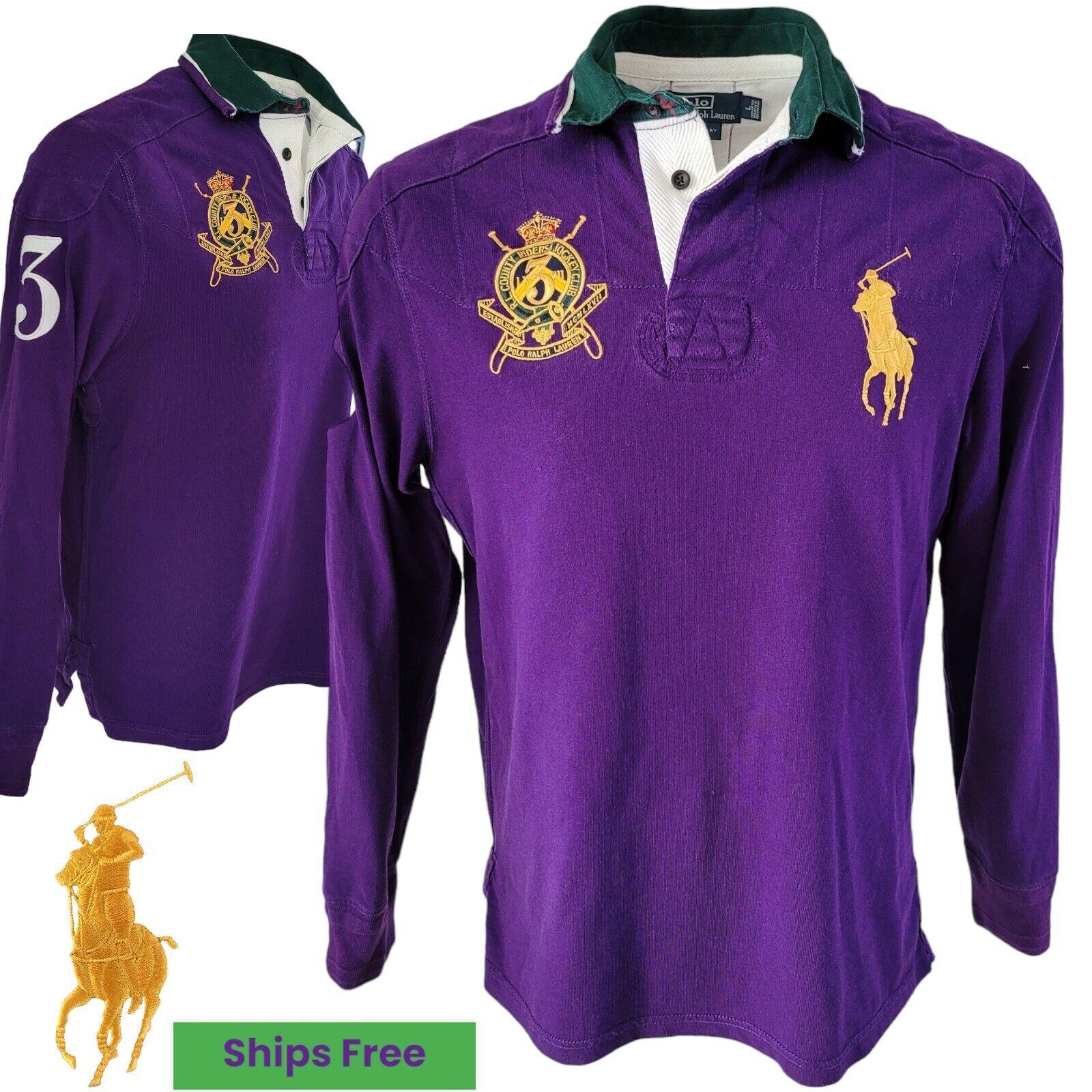 Ralph Lauren PRL CLUB Challenge Cup MCMLXVII Polo Shirt - Men's Long Sleeve Purple Sz L-USASTARFASHION